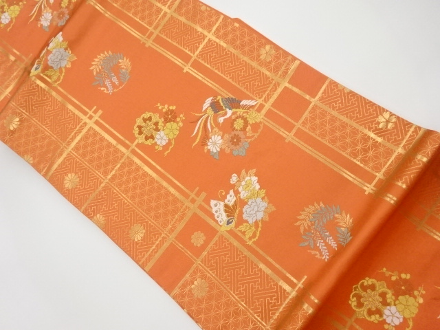 リサイクル　花に鳳凰・蝶模様織出し名古屋帯